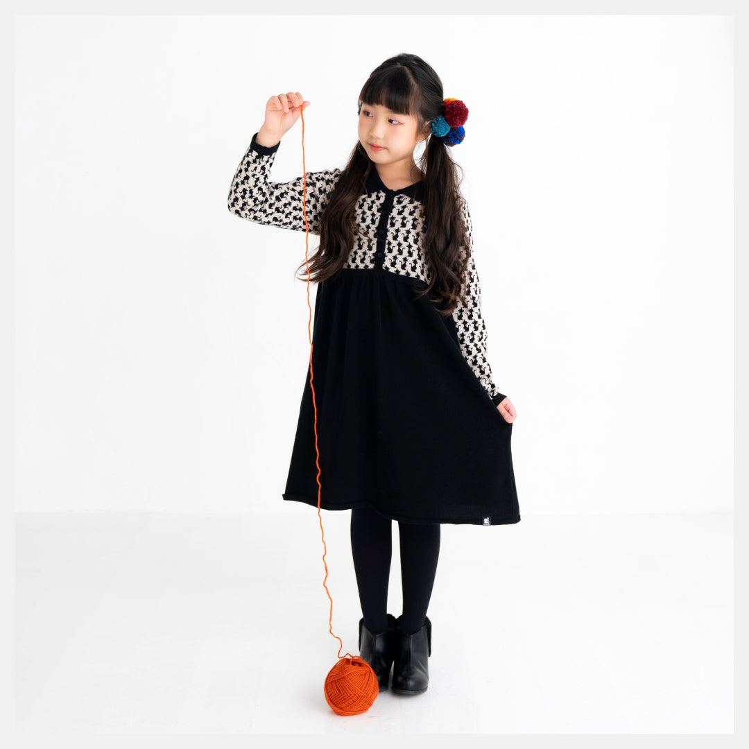 【130cm~150cm】ワンピース|ニット猫柄ジャガード