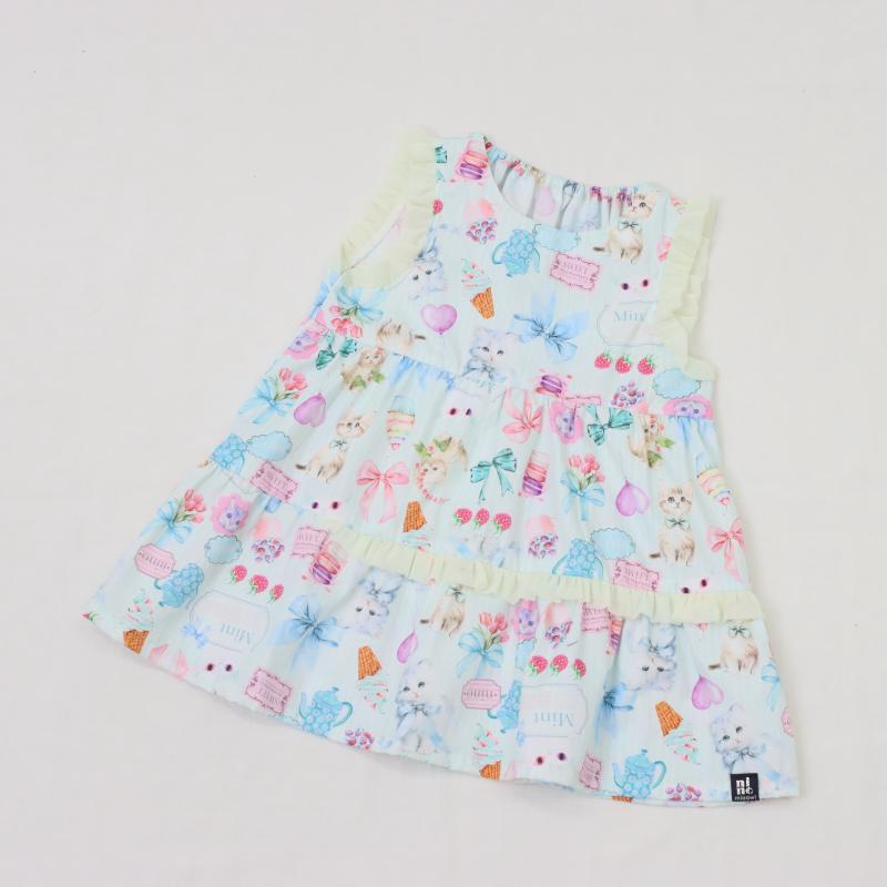 ミントストライプねこプリント　ティアードブラウス