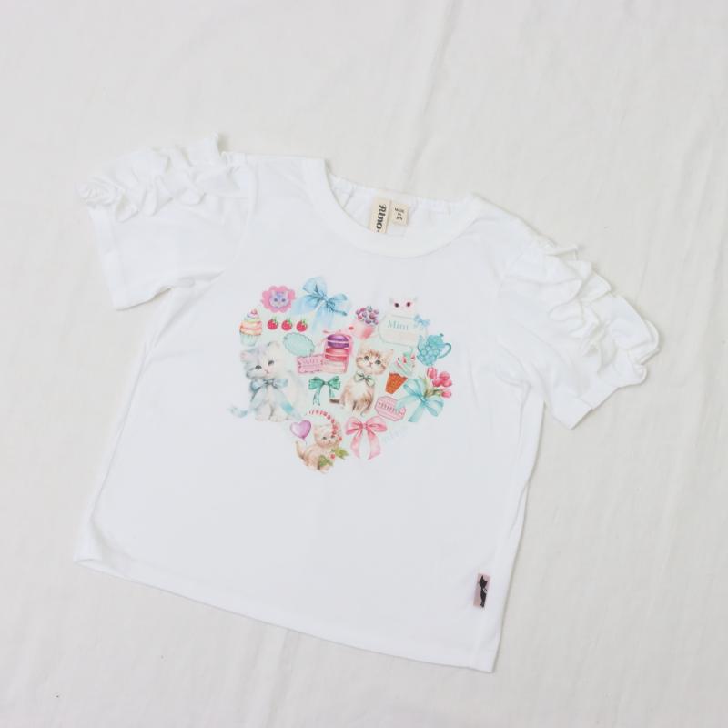 ミントストライプねこプリント　Tシャツ