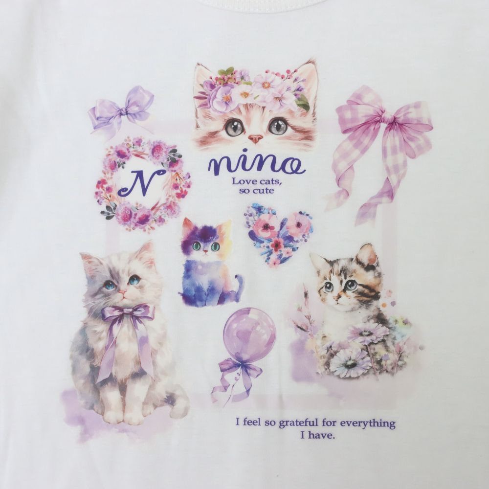 ラベンダーねこプリントTシャツ