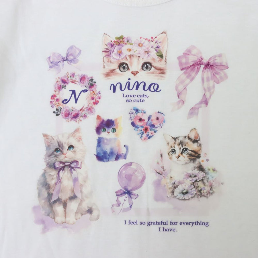 ラベンダーねこプリントTシャツ