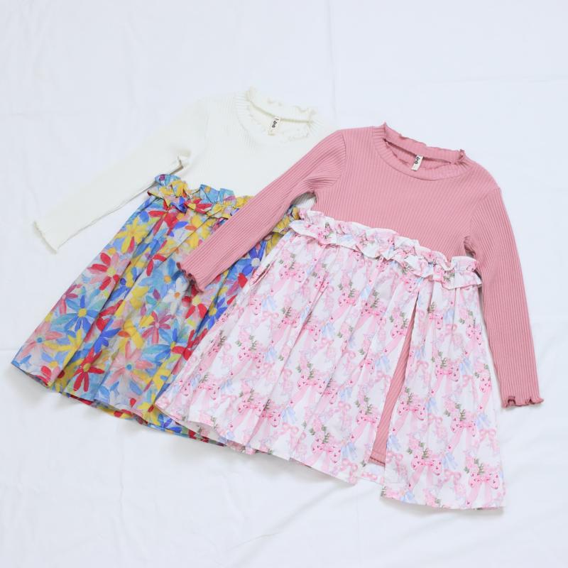 リボン＆フラワープリント　ワンピース