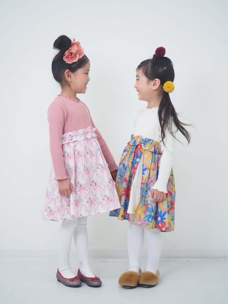 リボン＆フラワープリント　ワンピース