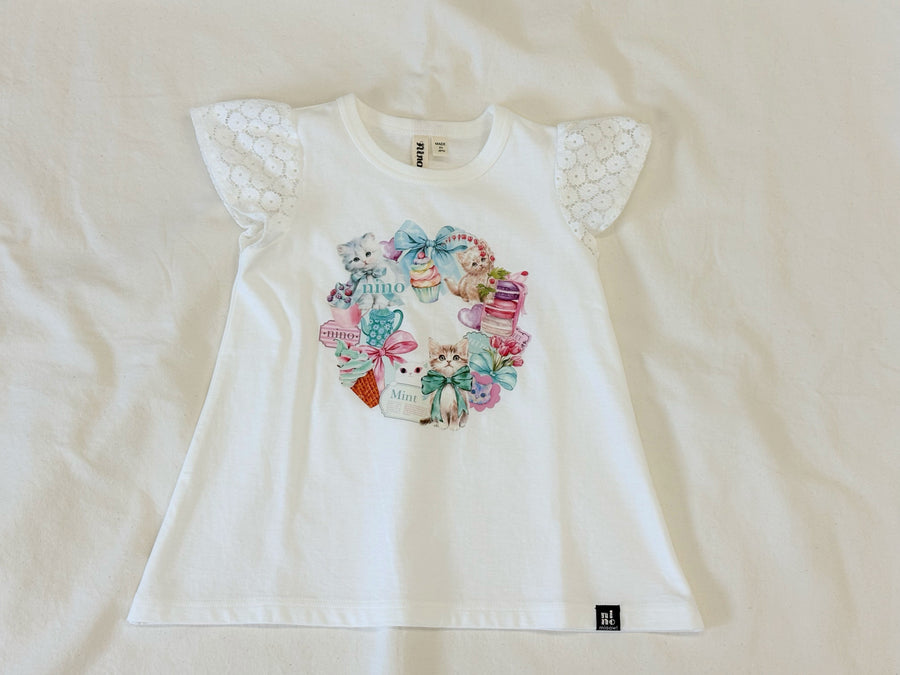 ミントストライプねこプリント 袖レースTeeシャツ☆