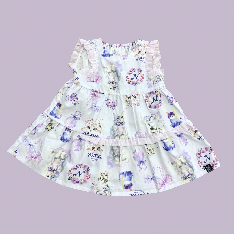 ミントストライプねこプリント　ティアードブラウス