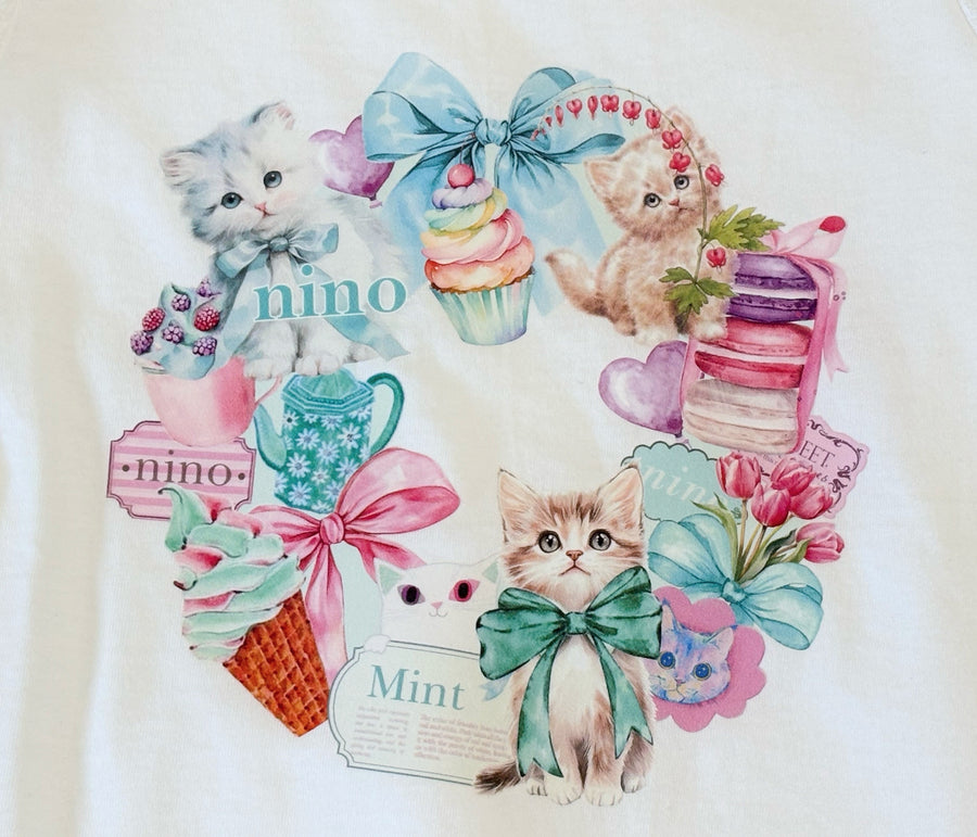 ミントストライプねこプリント 袖レースTeeシャツ☆
