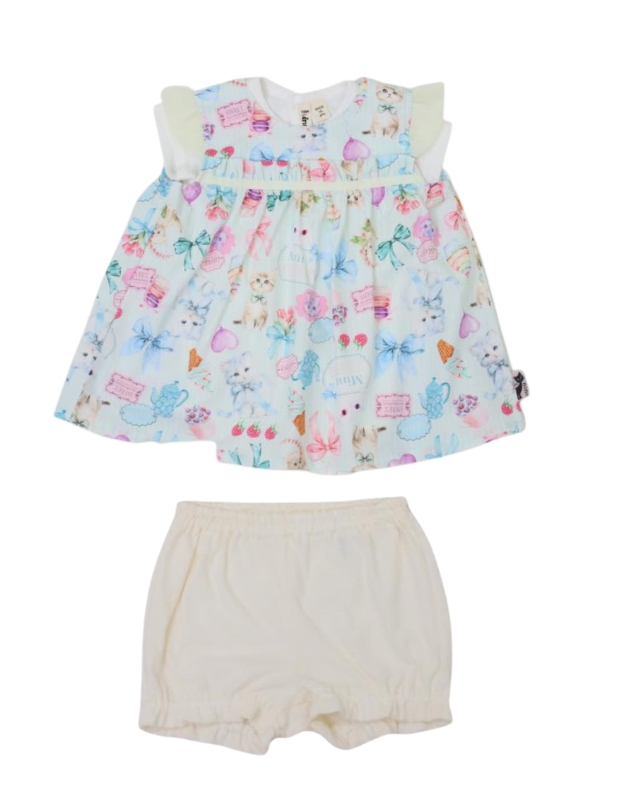 ミントストライプねこプリント　ベビースーツ