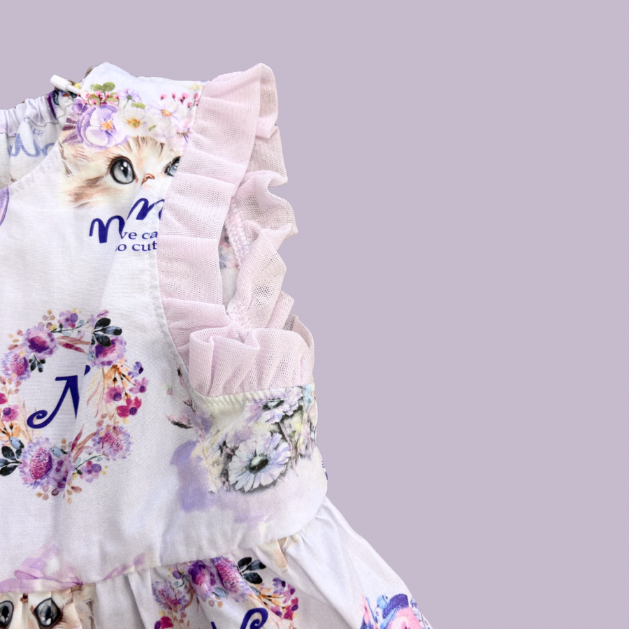 ミントストライプねこプリント　ティアードブラウス