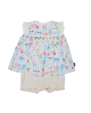 ミントストライプねこプリント　ベビースーツ