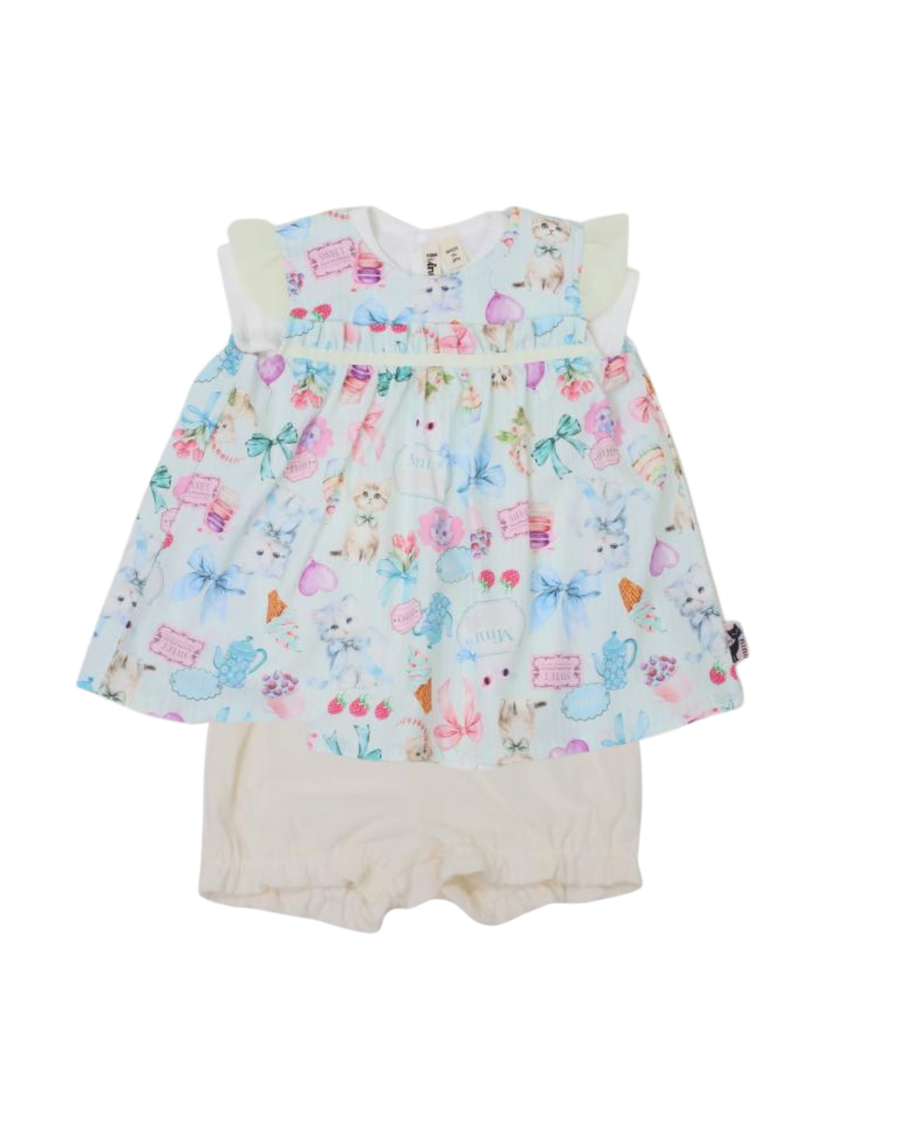 ミントストライプねこプリント　ベビースーツ