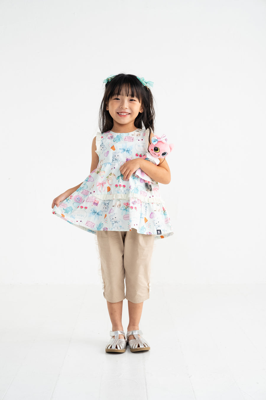 ミントストライプねこプリント　ティアードブラウス