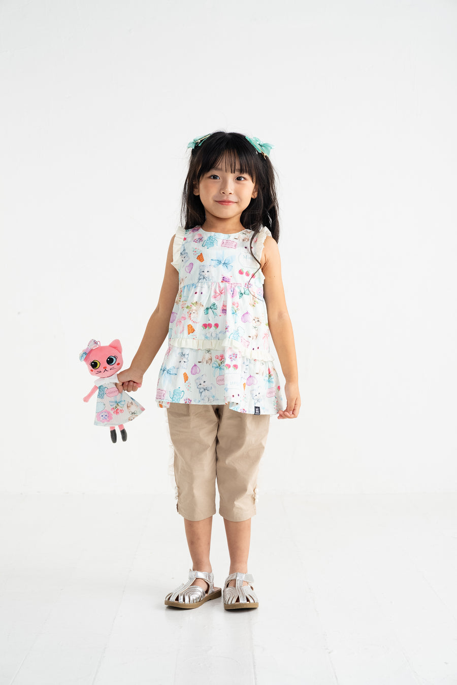 ミントストライプねこプリント　ティアードブラウス