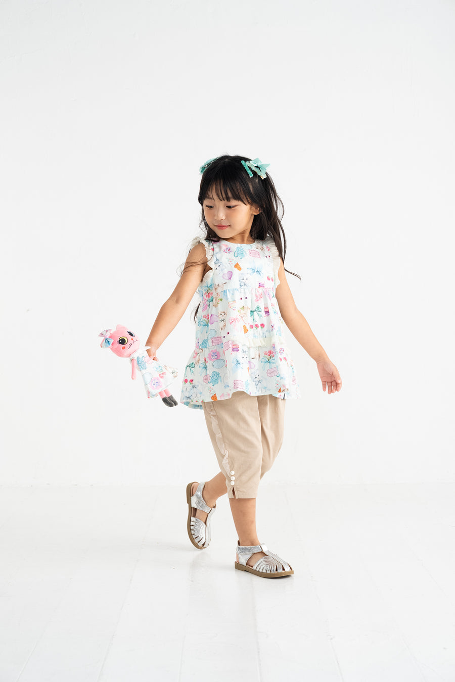 ミントストライプねこプリント　ティアードブラウス