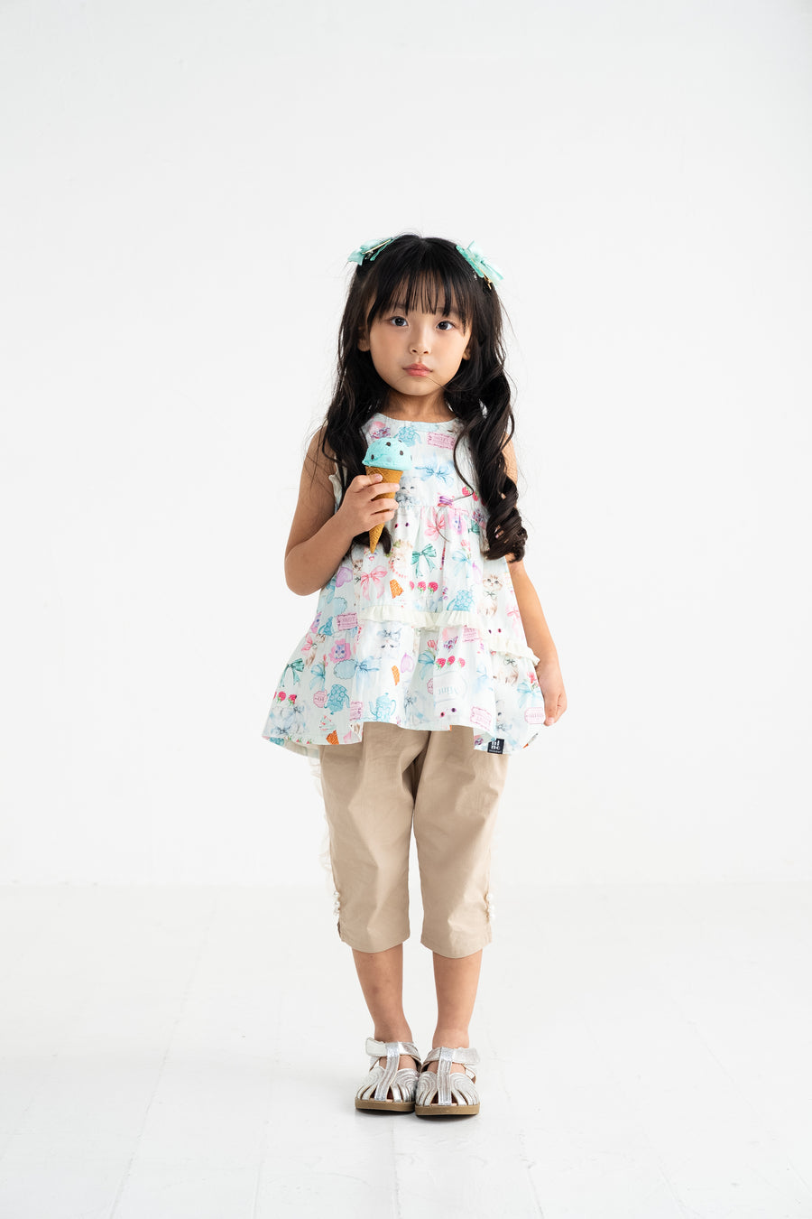 ミントストライプねこプリント　ティアードブラウス