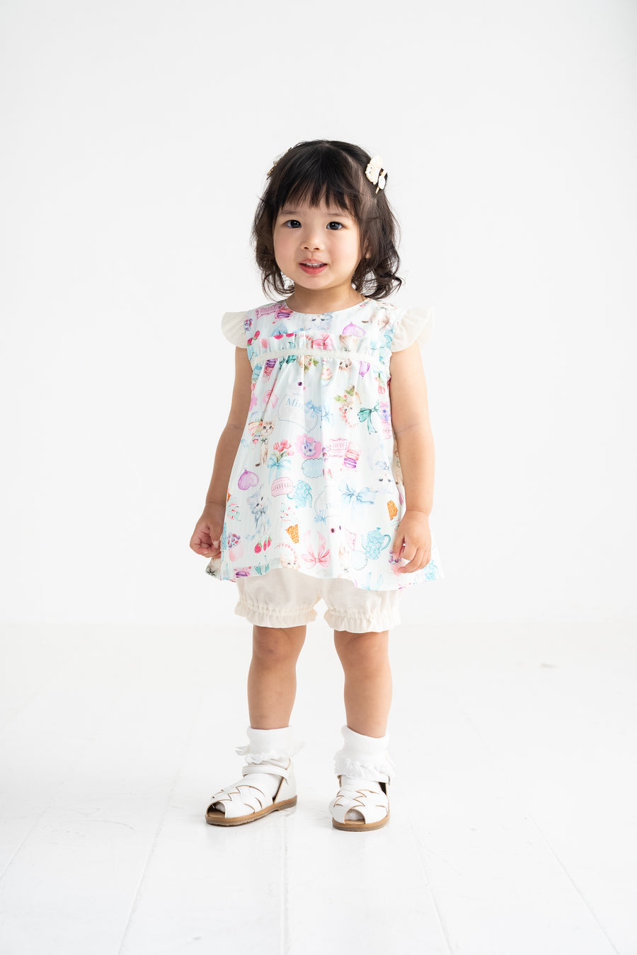 ミントストライプねこプリント　ベビースーツ