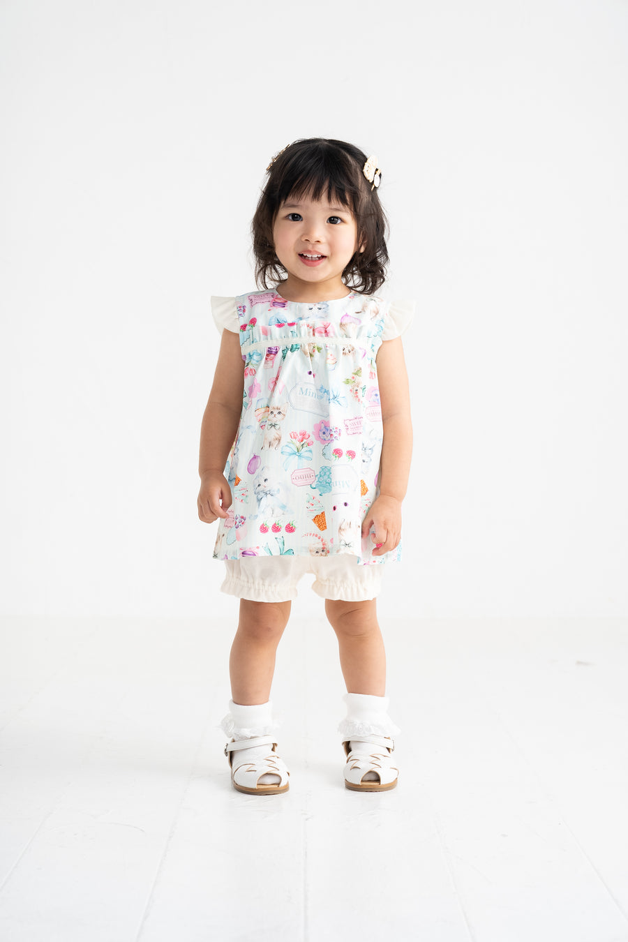 ミントストライプねこプリント　ベビースーツ