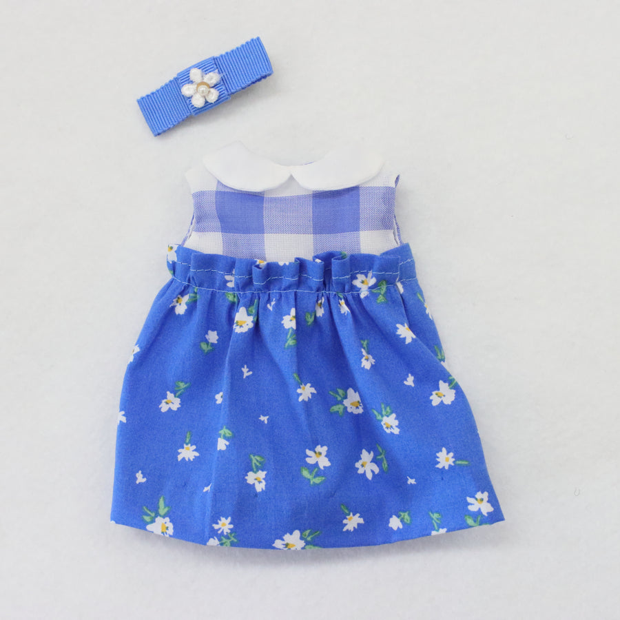 ギンガム×花柄ブルーのワンピース