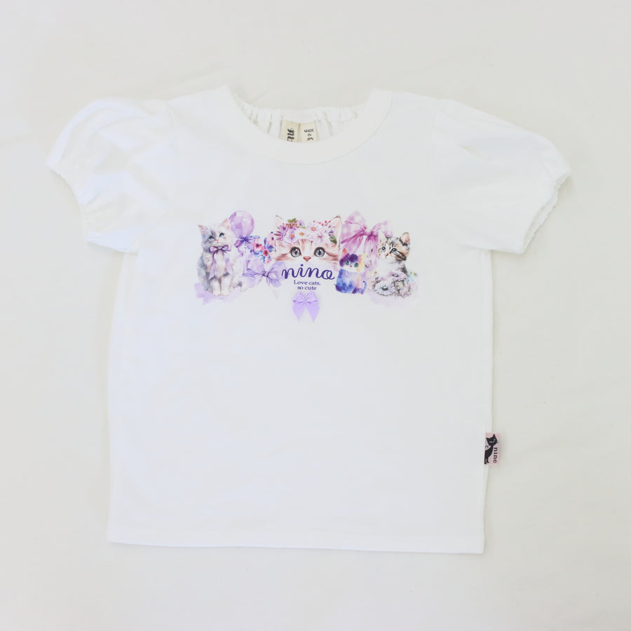 ラベンダーねこプリント パフスリーブTeeシャツ