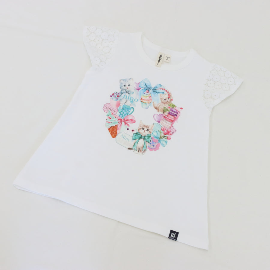 ミントストライプねこプリント 袖レースTeeシャツ☆