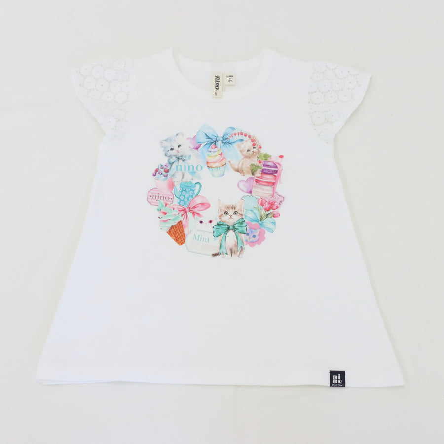 ミントストライプねこプリント 袖レースTeeシャツ☆