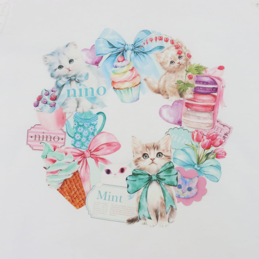 ミントストライプねこプリント 袖レースTeeシャツ☆