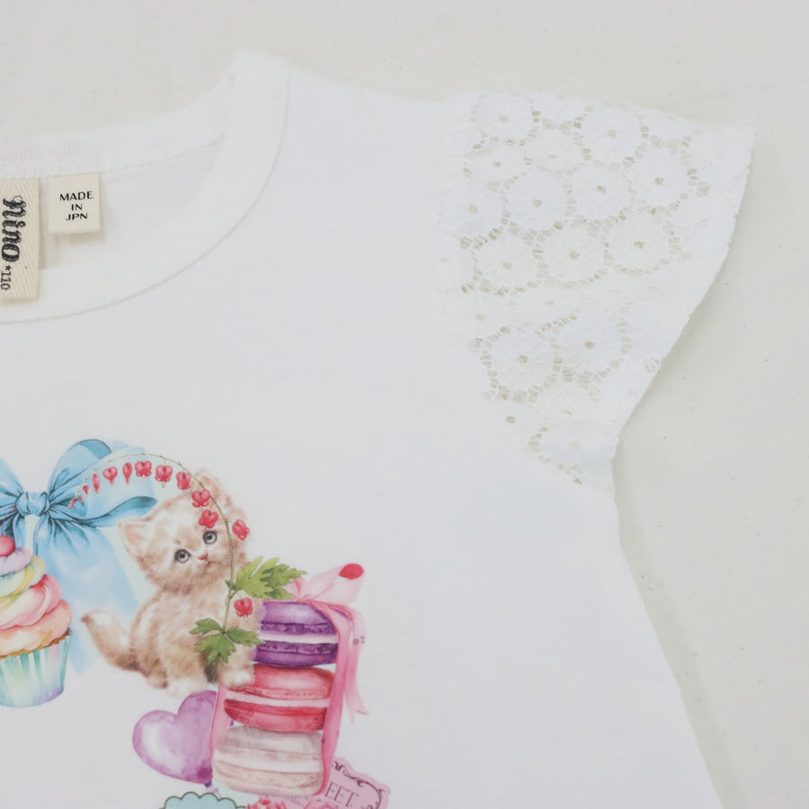 ミントストライプねこプリント 袖レースTeeシャツ☆