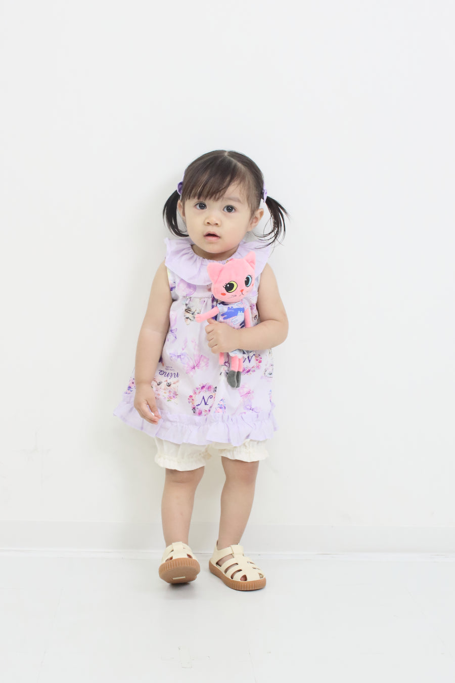 ラベンダーねこプリント　ベビースーツ