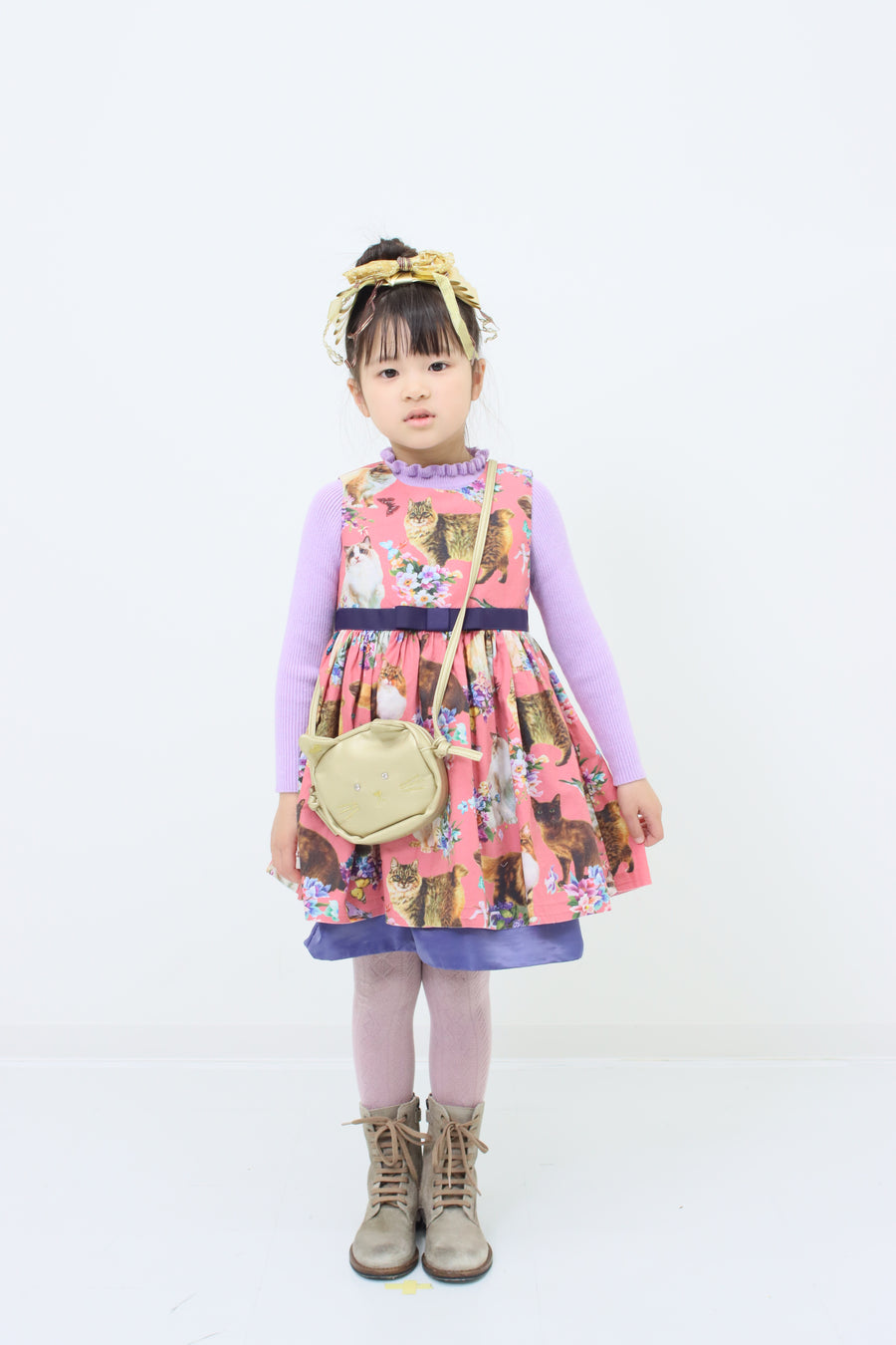 [100cm~120cm] Dress | Cat print | Pink