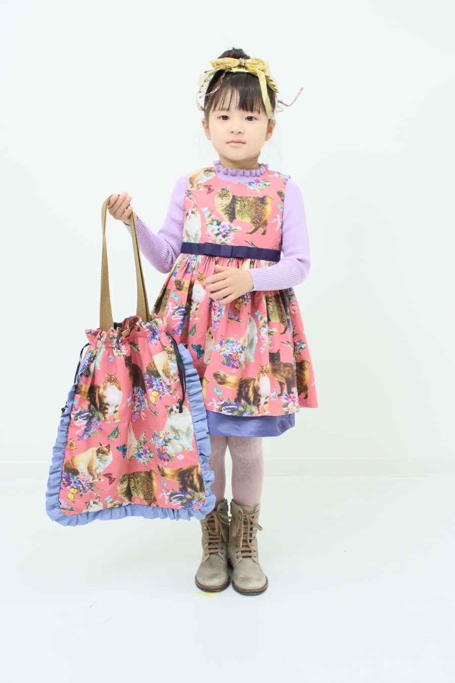 [100cm~120cm] Dress | Cat print | Pink