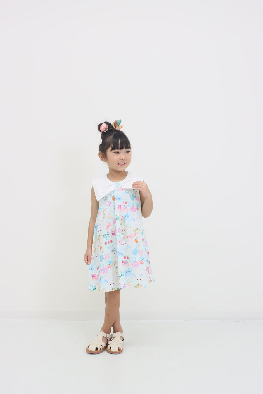 ミントストライプねこプリントリボン衿ワンピース