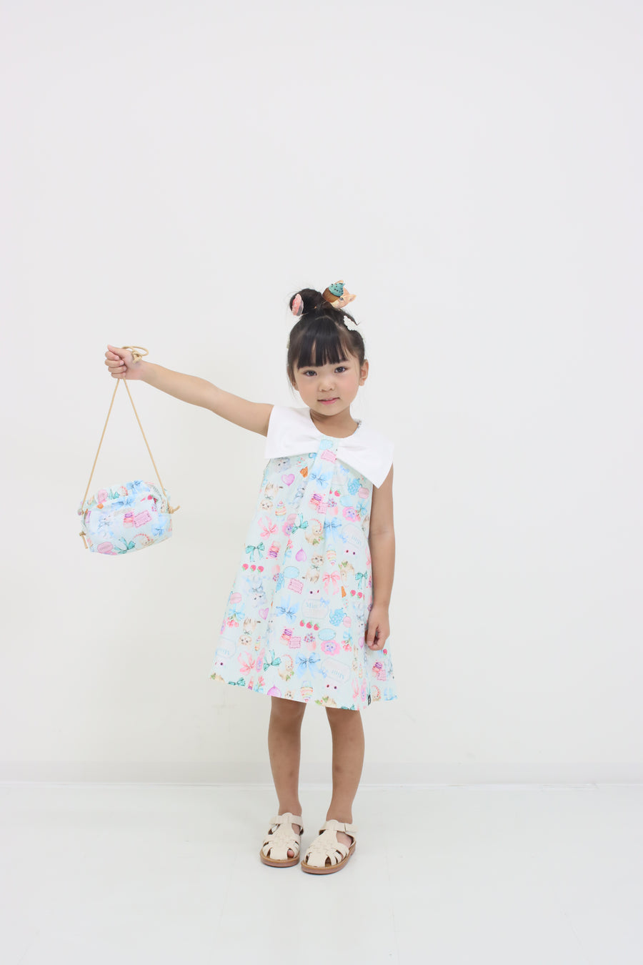 ミントストライプねこプリントリボン衿ワンピース