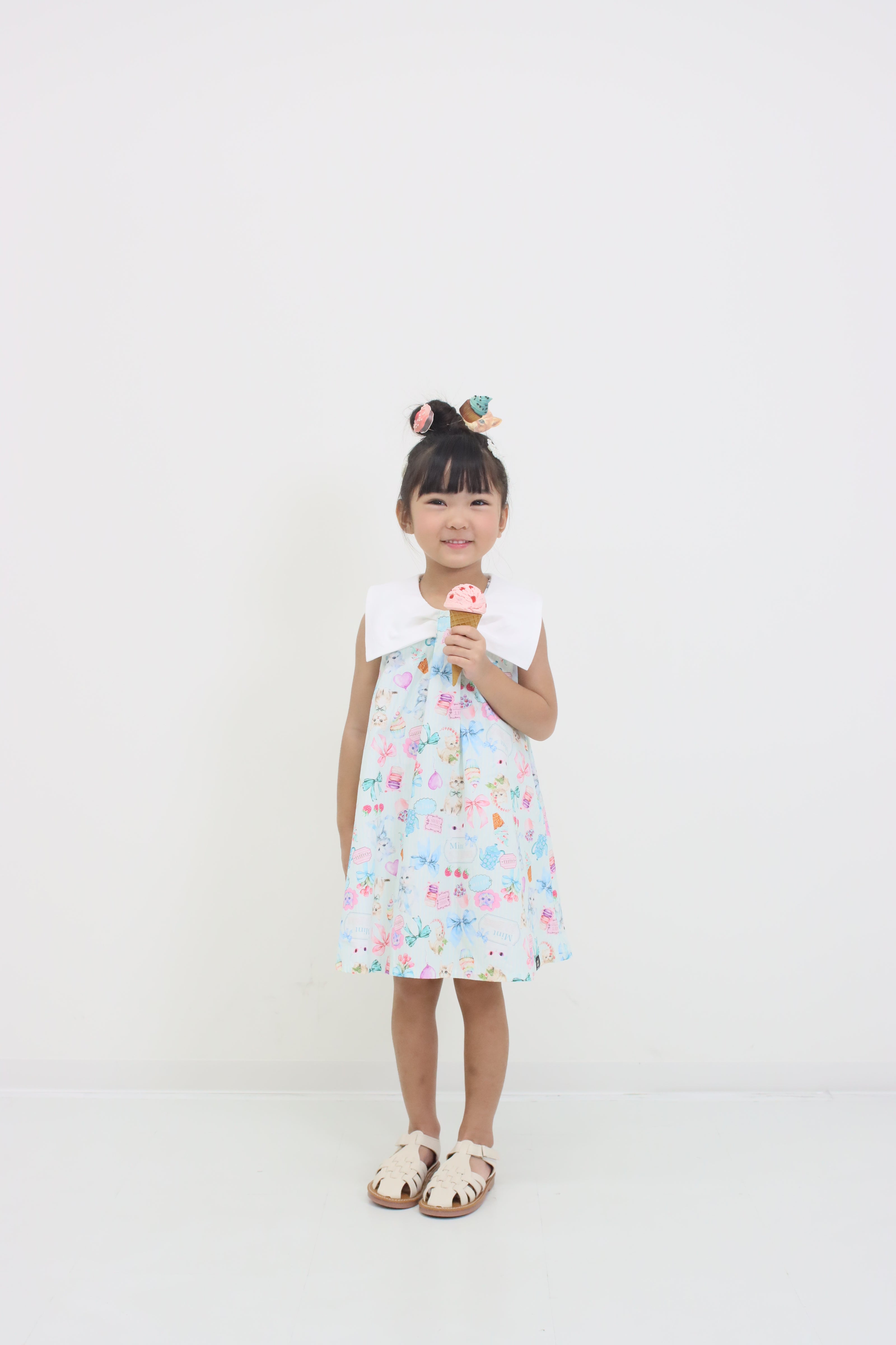 ミントストライプねこプリントリボン衿ワンピース