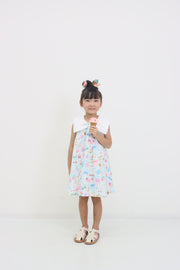 ミントストライプねこプリントリボン衿ワンピース