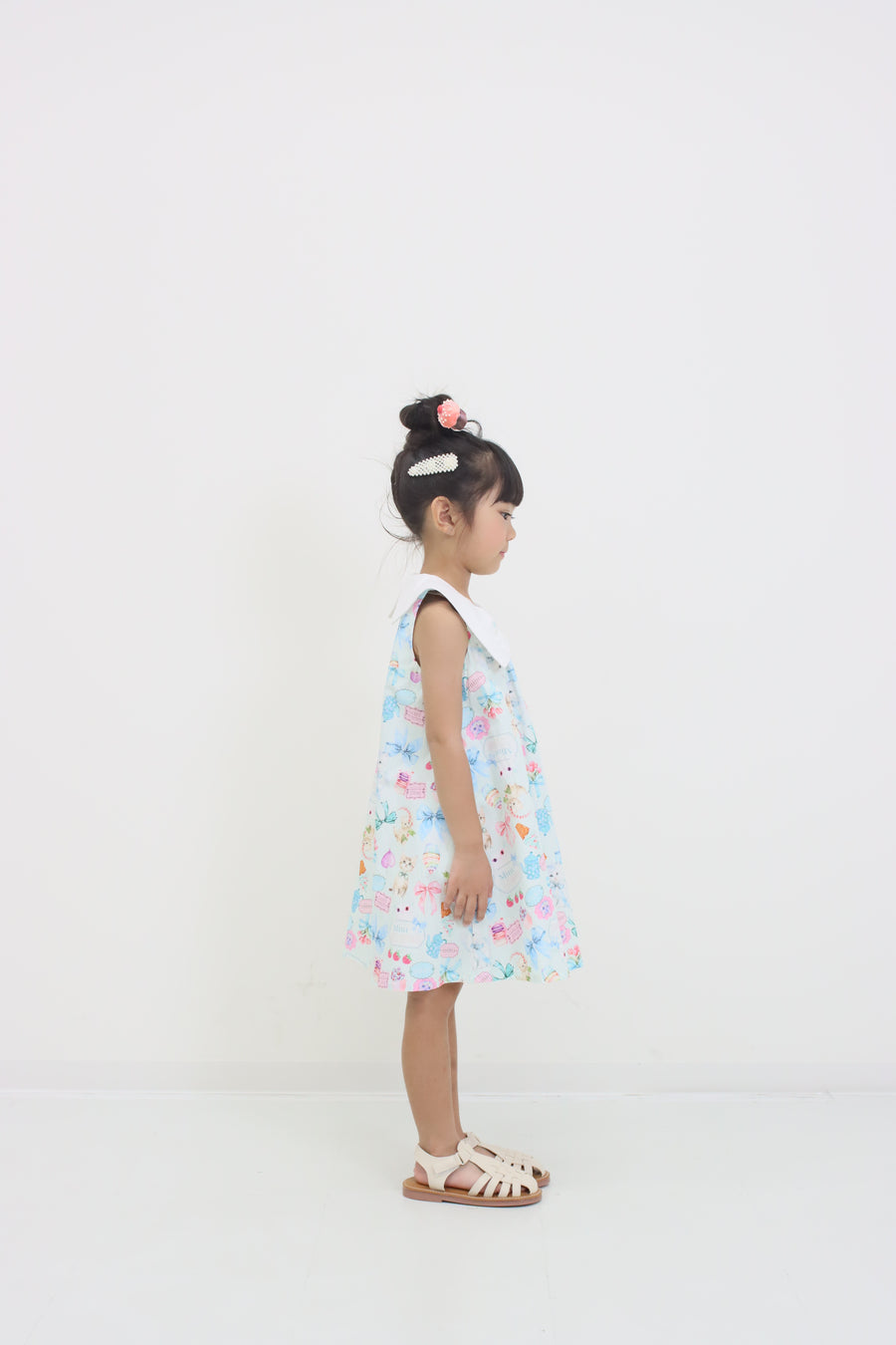 ミントストライプねこプリントリボン衿ワンピース