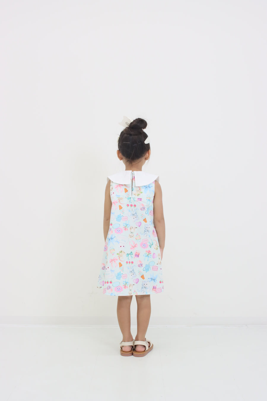 ミントストライプねこプリントリボン衿ワンピース