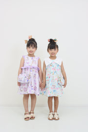 ミントストライプねこプリントリボン衿ワンピース