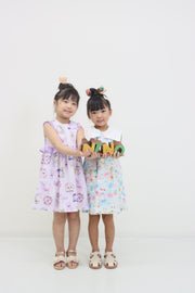 ミントストライプねこプリントリボン衿ワンピース