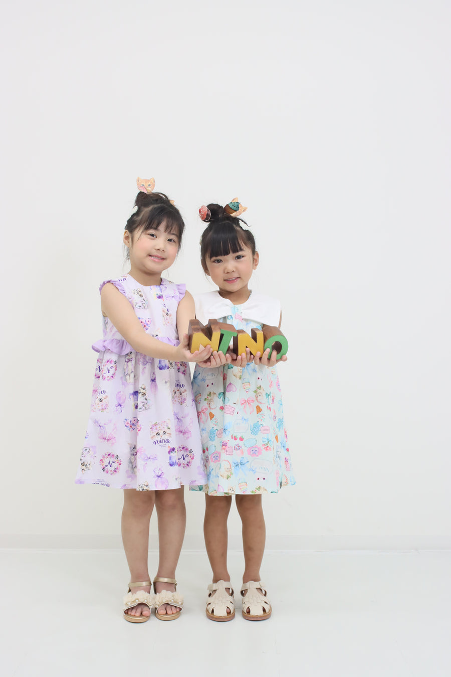 ミントストライプねこプリントリボン衿ワンピース