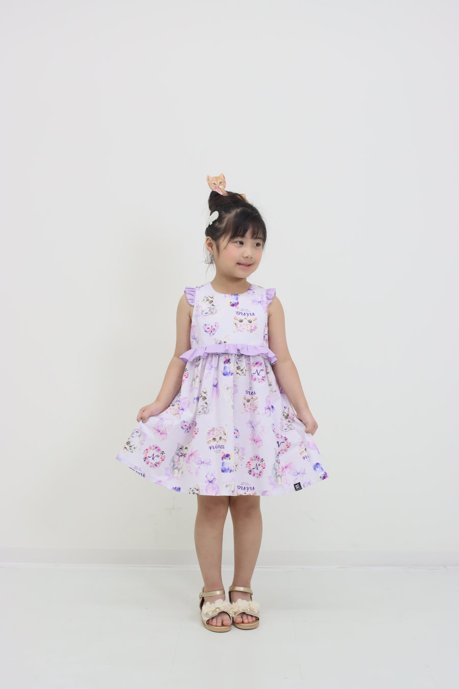 ラベンダーねこプリント　2WAYワンピース