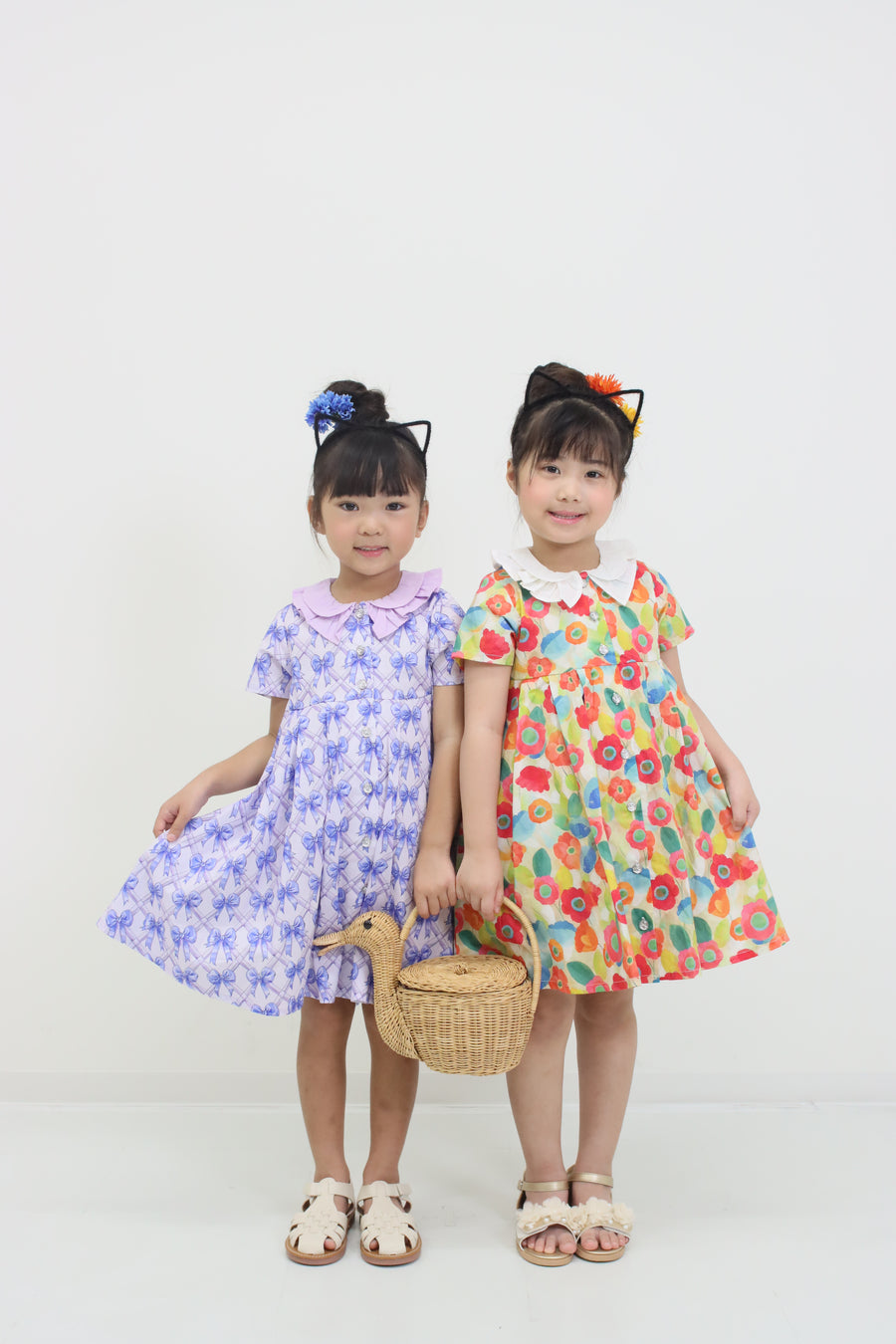 前明きワンピース【リボンプリント＆フラワープリント】