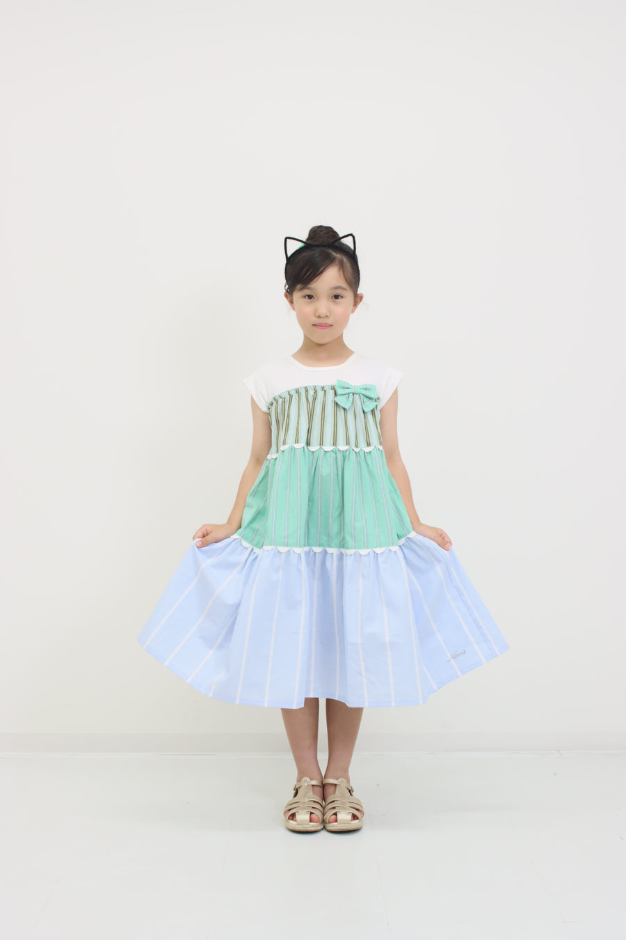 ギンガム×ストライプ　ティアードワンピース