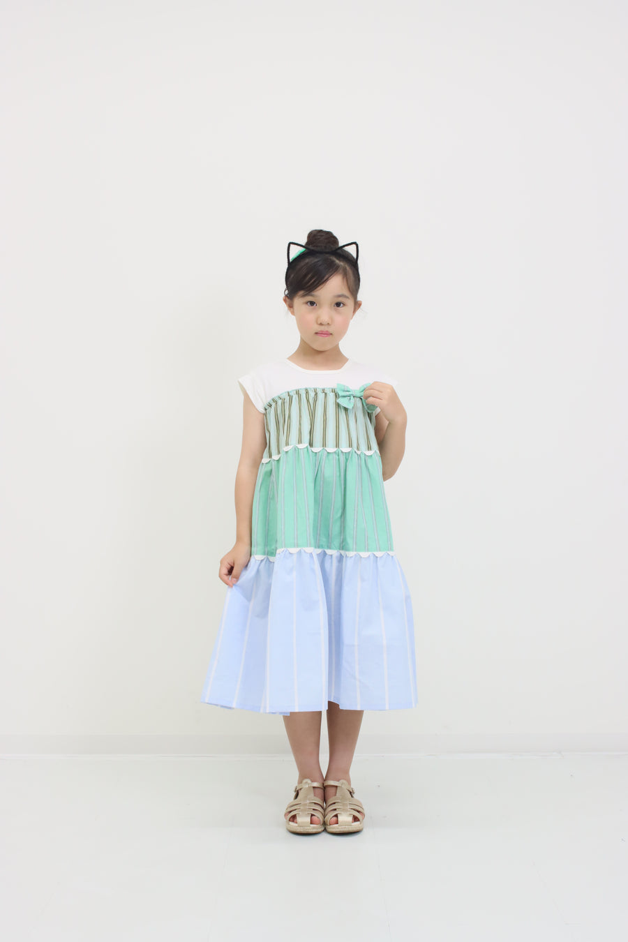 ギンガム×ストライプ　ティアードワンピース