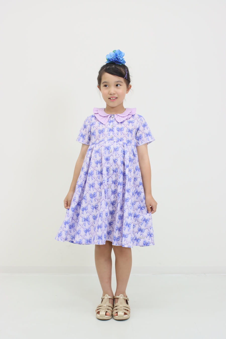 前明きワンピース【リボンプリント＆フラワープリント】