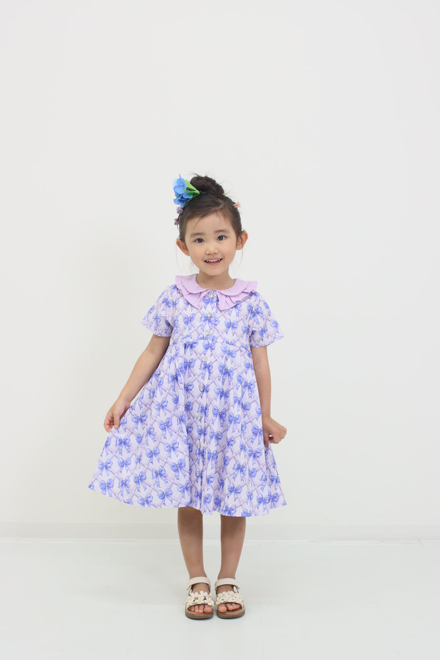 前明きワンピース【リボンプリント＆フラワープリント】