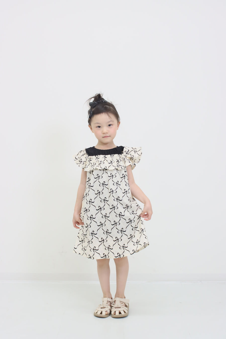 リボンプリントオフショルダーワンピース