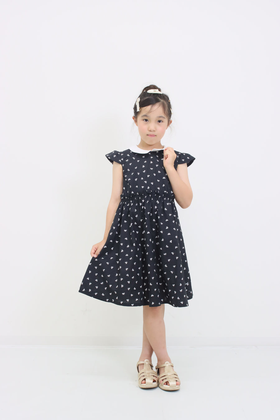 リボンプリント丸襟ワンピース