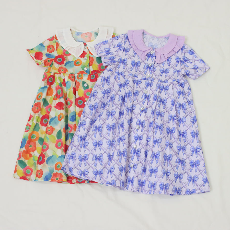 前開きワンピース【リボンプリント＆フラワープリント】