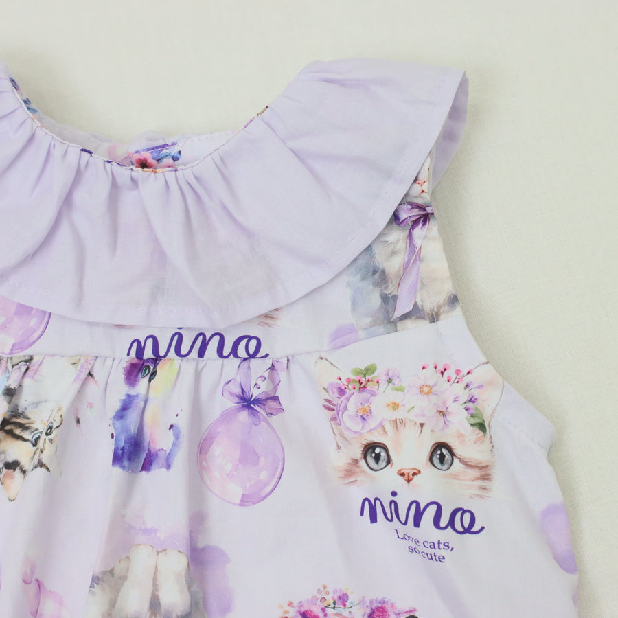 ラベンダーねこプリント　ベビースーツ