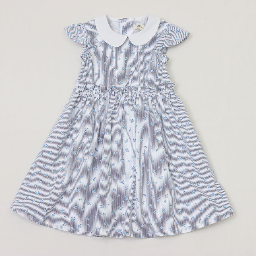 ストライプミニフラワープリント　丸襟ワンピース