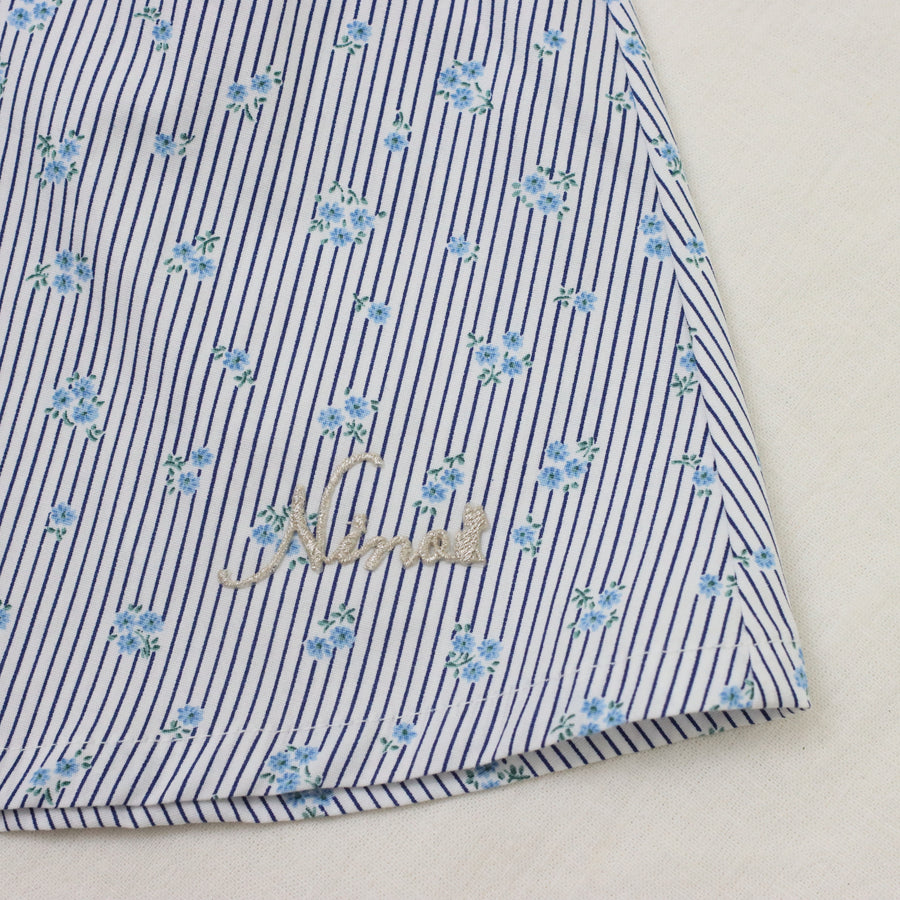 ストライプミニフラワープリント　丸襟ワンピース